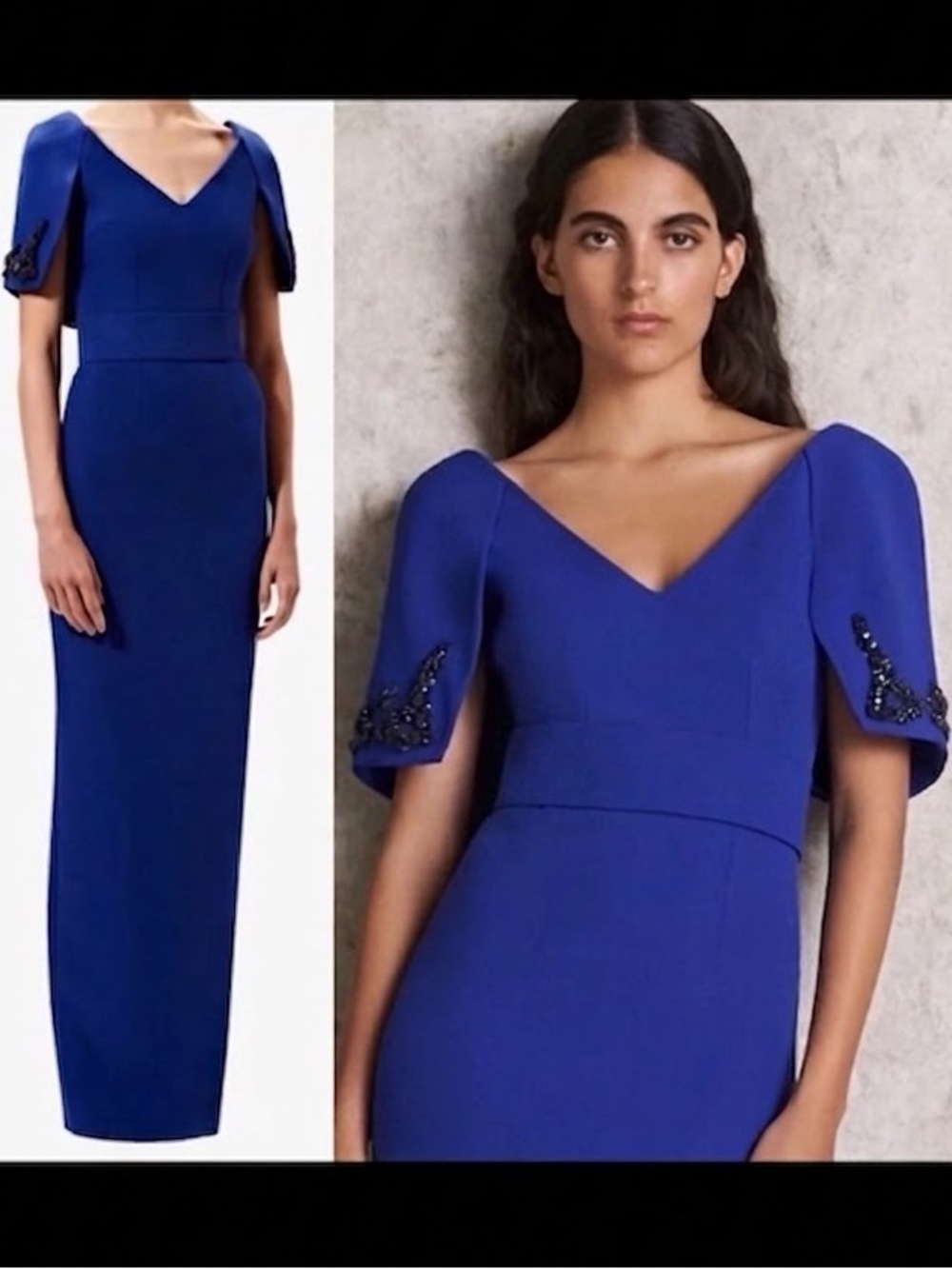 Safiyaa V-Neck Cobalt Blue Maxi Dress with Embellished Cape Sleeves